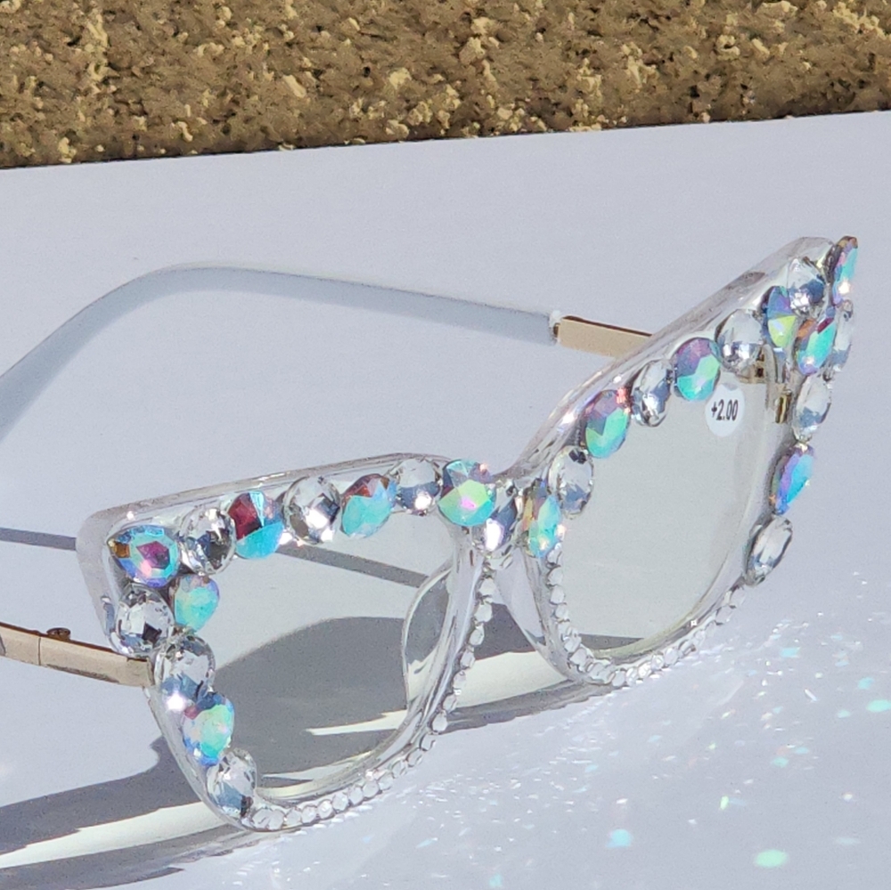 Women's Bling Cat Eye Readers Colorful Rhinestones AB Reading Glasses White+1.00
